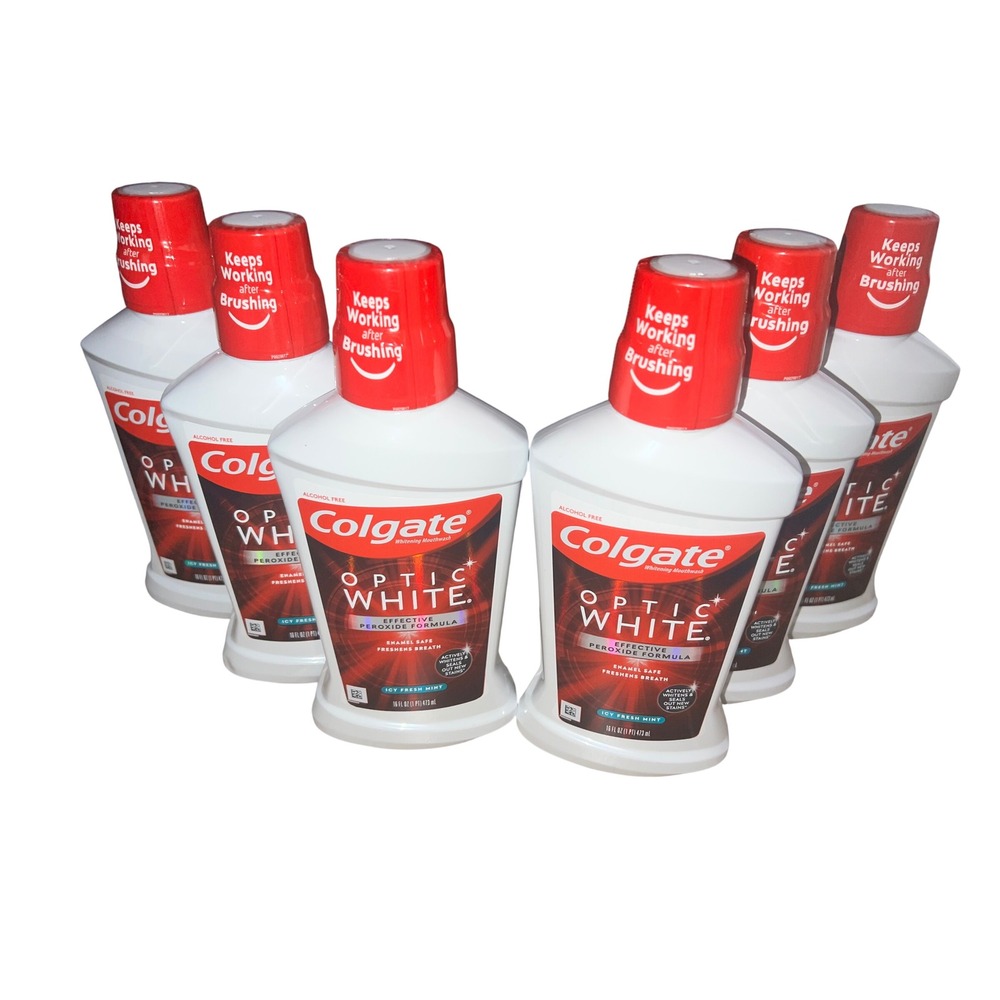 6 Pack Colgate Optic White Whitening Mouthwash Icy Fresh Mint Alcohol Free 16oz